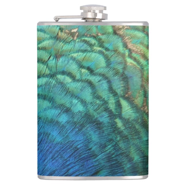 Peacock Feathers I Colorful Abstract Nature Design Flask (Front)