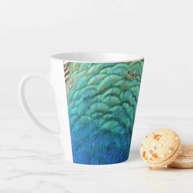 Peacock Feathers I Colorful Abstract Nature Design Latte Mug (In Situ)