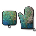 Peacock Feathers I Colorful Abstract Nature Design Oven Mitt & Pot Holder Set