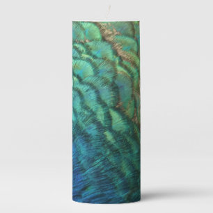 Peacock Feathers I Colorful Abstract Nature Design Pillar Candle