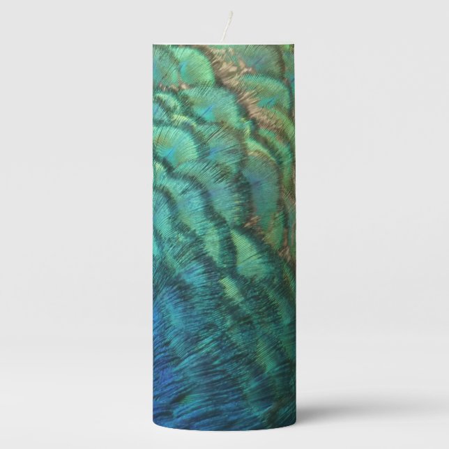 Peacock Feathers I Colorful Abstract Nature Design Pillar Candle (Front)