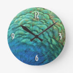 Peacock Feathers I Colorful Abstract Nature Design Round Clock