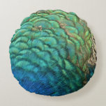 Peacock Feathers I Colorful Abstract Nature Design Round Pillow