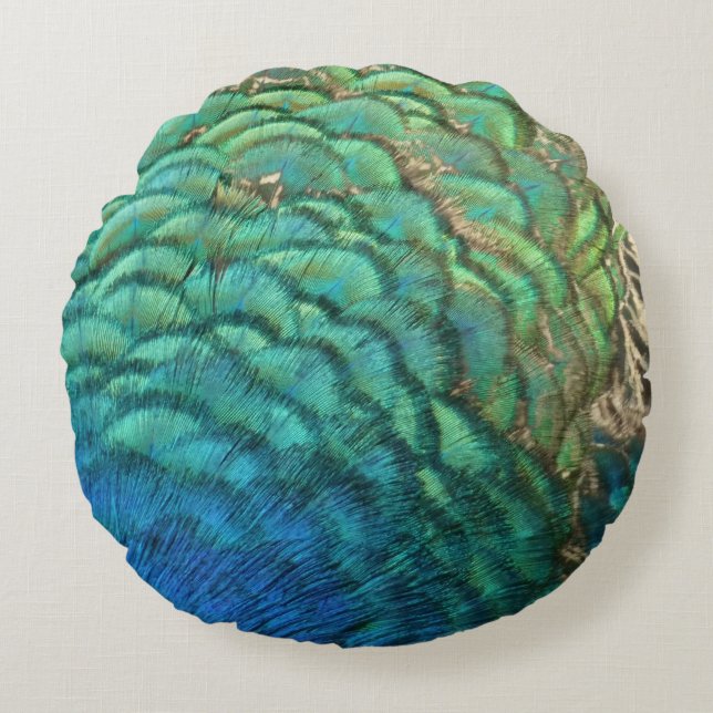 Peacock Feathers I Colorful Abstract Nature Design Round Pillow (Front)