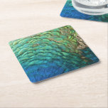 Peacock Feathers I Colorful Abstract Nature Design Square Paper Coaster