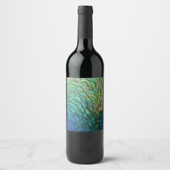 Peacock Feathers I Colorful Abstract Nature Design Wine Label (Front)