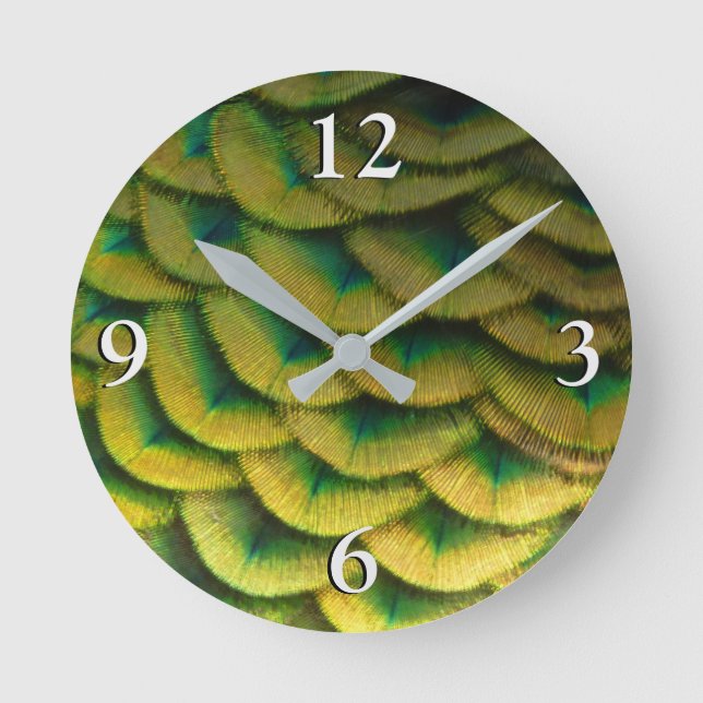 Peacock Feathers II Colorful Nature Round Clock (Front)