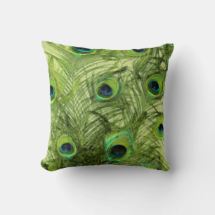 Peacock Feathers in Blue and Green Throw Pillow