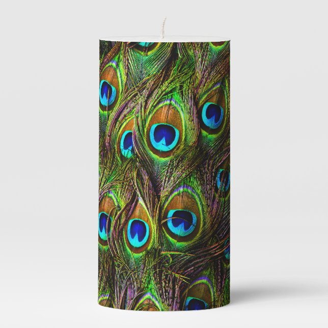 Peacock Feathers Invasion Pillar Candle (Front)