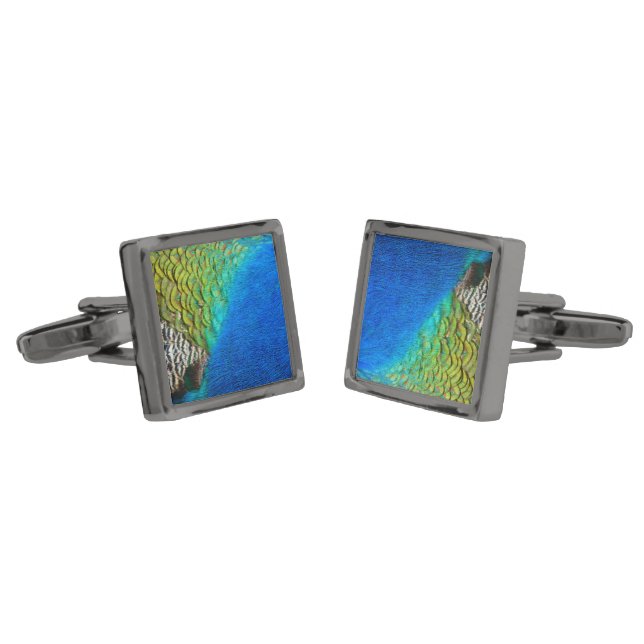 Peacock Feathers IV Colorful Abstract Nature Gunmetal Finish Cufflinks (Angled)