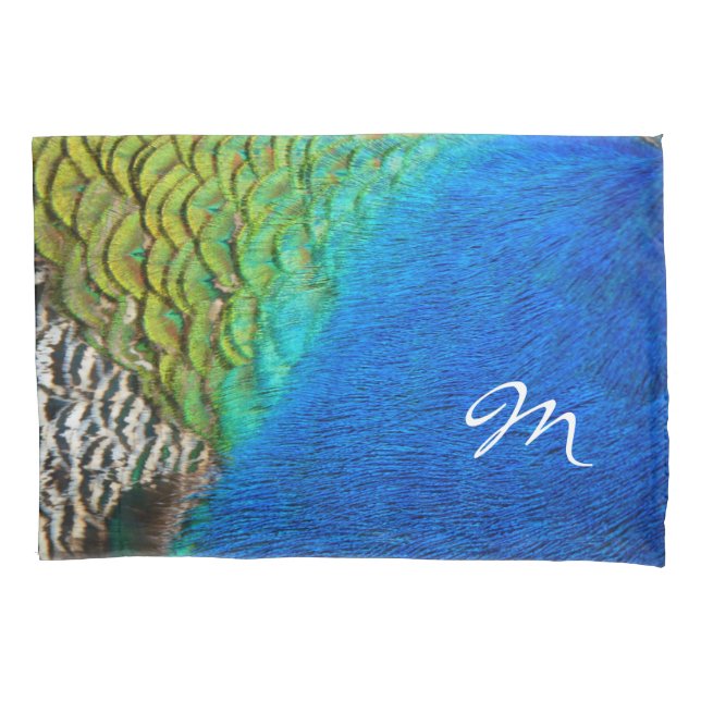 Peacock Feathers IV Colorful Nature Monogram Pillowcase (Front)