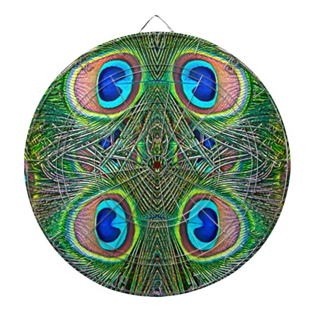 Peacock Feathers Kaleidoscope Print Dartboard With Darts (Front)