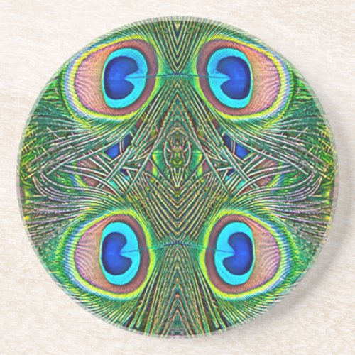Peacock Feathers Kaleidoscope Print Drink Coaster