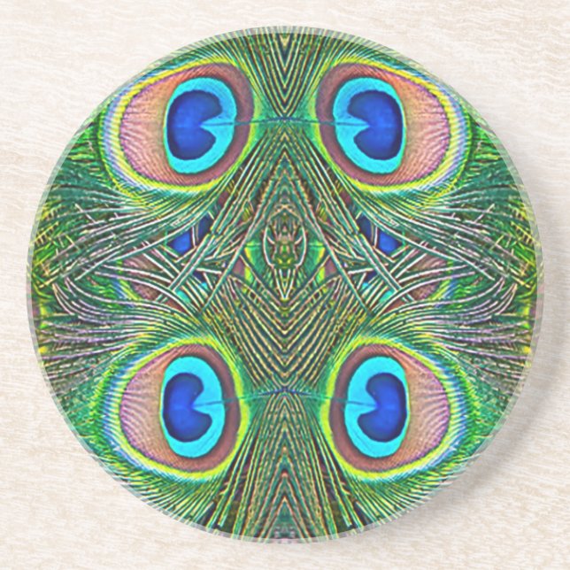 Peacock Feathers Kaleidoscope Print Drink Coaster (Front)