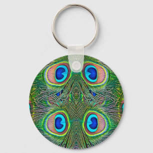 Peacock Feathers Kaleidoscope Print Keychain