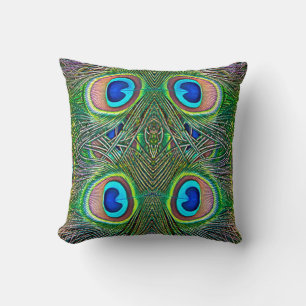 Peacock Feathers Kaleidoscope Print Throw Pillow