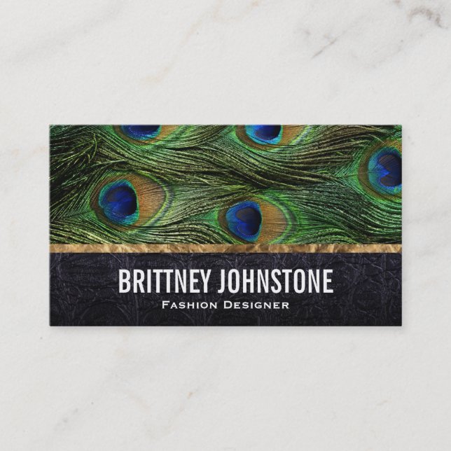 Peacock Feathers, Leather, Gold Trim Business Card (Front)