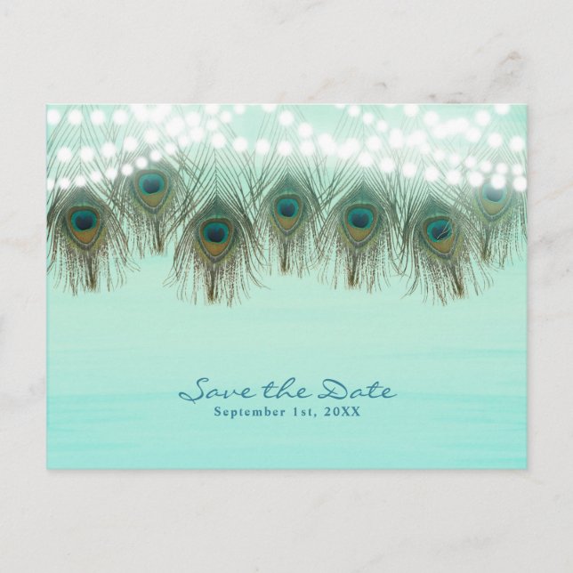Peacock Feathers & Lights Rustic Save the Date Announcement Postcard (Front)