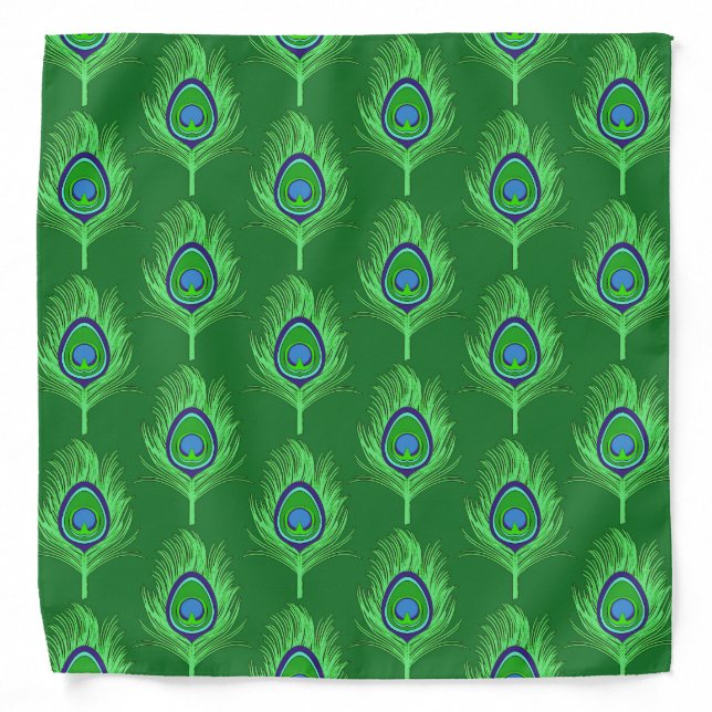 Peacock Feathers, Lime Green on Emerald Green Bandana (Front)
