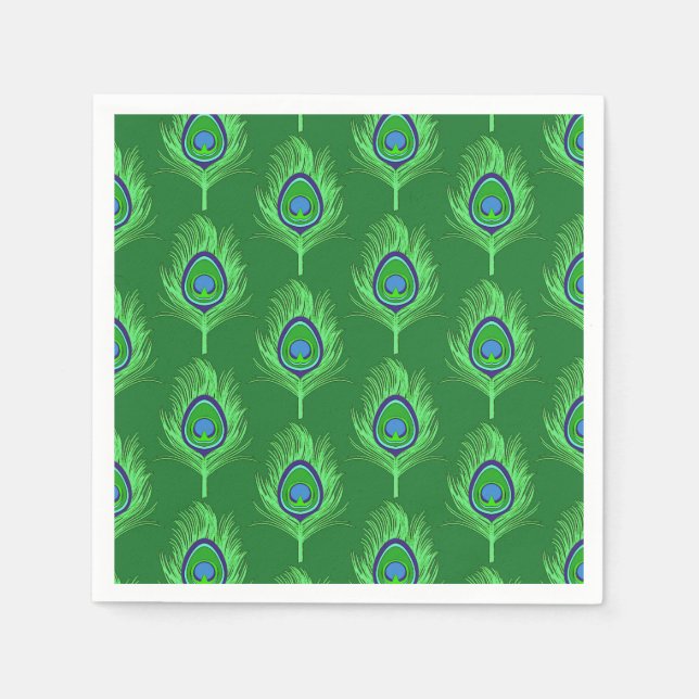Peacock Feathers, Lime Green on Emerald Green Napkins (Front)