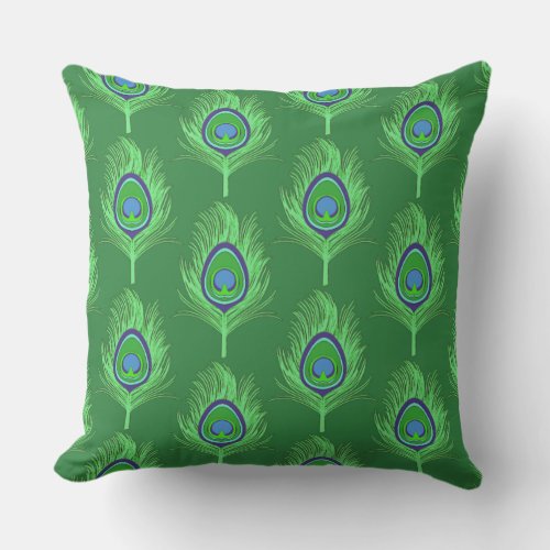 Peacock Feathers Lime Green on Emerald Green Outdoor Pillow