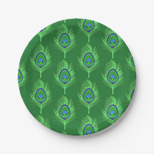 Peacock Feathers, Lime Green on Emerald Green Paper Plates
