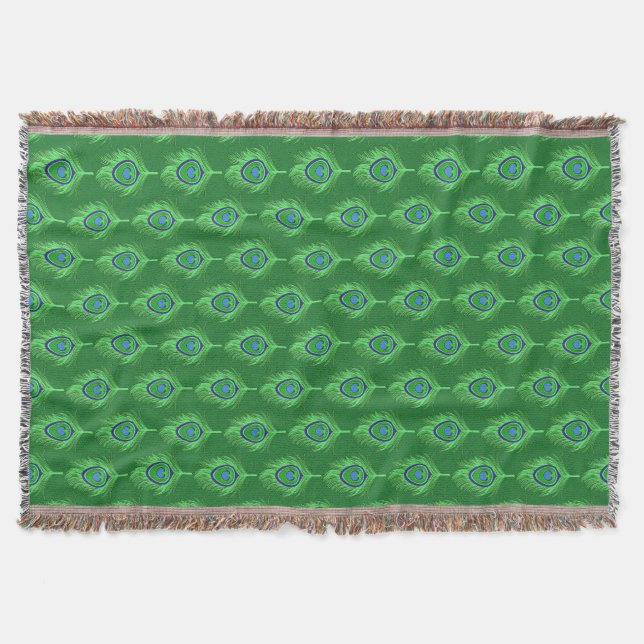 Peacock Feathers, Lime Green on Emerald Green Throw Blanket (Front)