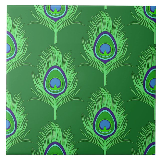 Peacock Feathers, Lime Green on Emerald Green Tile (Front)