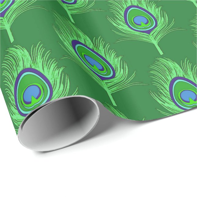 Peacock Feathers, Lime Green on Emerald Green Wrapping Paper (Roll Corner)