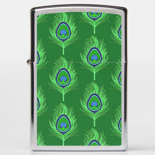 Peacock Feathers, Lime Green on Emerald Green Zippo Lighter (Front)