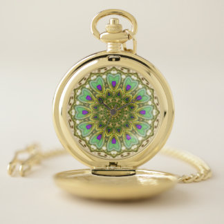Peacock Feathers Love Mandala Pocket Watch