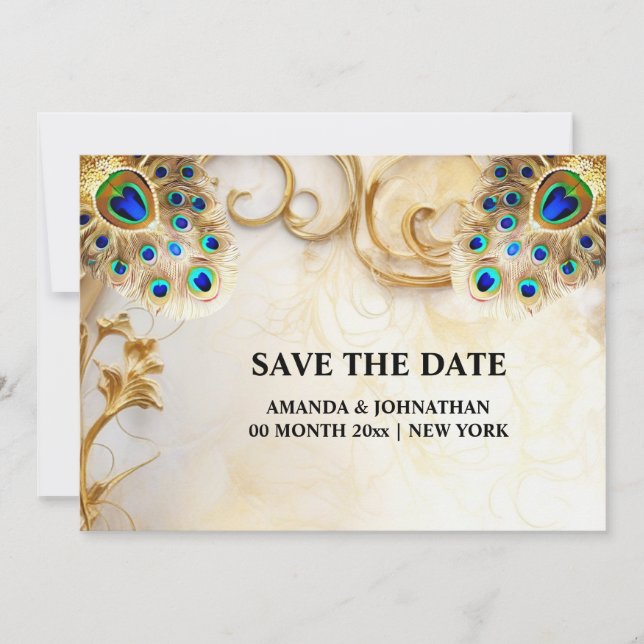Peacock feathers luxurious nature bird plumage 5x7 save the date (Front)