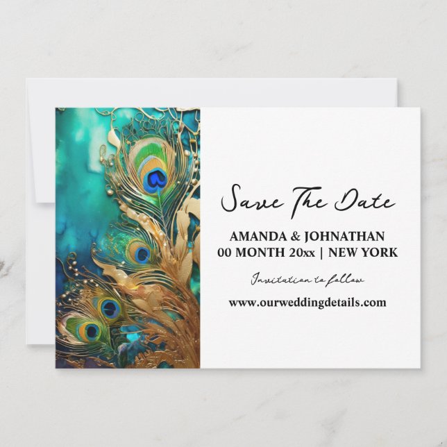 Peacock feathers luxury bird plumage engagement save the date (Front)
