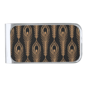 Peacock Feathers, Luxury Oriental Pattern. Silver Finish Money Clip