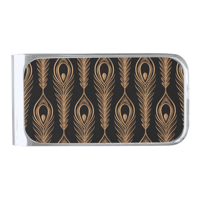 Peacock Feathers, Luxury Oriental Pattern. Silver Finish Money Clip (Front)