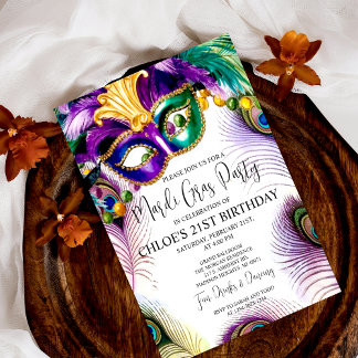 Peacock Feathers Mask Mardi Gras Masquerade Party Invitation