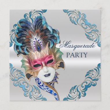 Peacock Feathers Mask Masquerade Party Silver Invitation