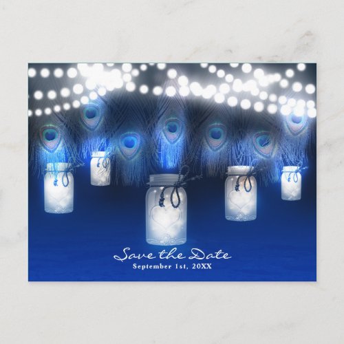 Peacock Feathers Mason Jar  Lights Save the Date Announcement Postcard