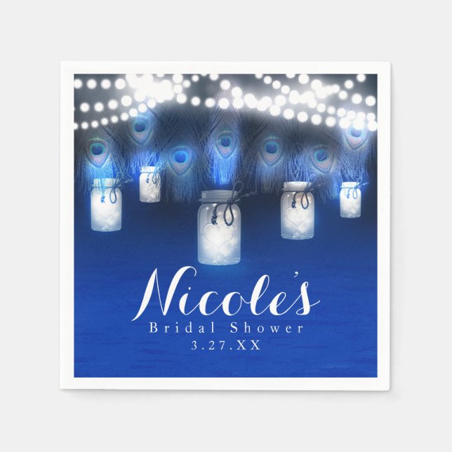 Peacock Feathers, Mason Jar & String Lights Party Paper Napkins (Front)