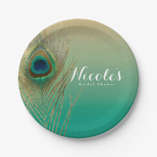 Peacock Feathers, Mason Jar & String Lights Party Paper Plates