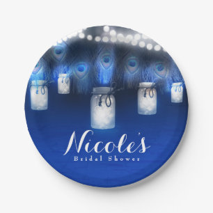 Peacock Feathers, Mason Jar & String Lights Party Paper Plates