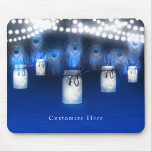 Peacock Feathers, Mason Jar & String Lights Rustic Mouse Pad