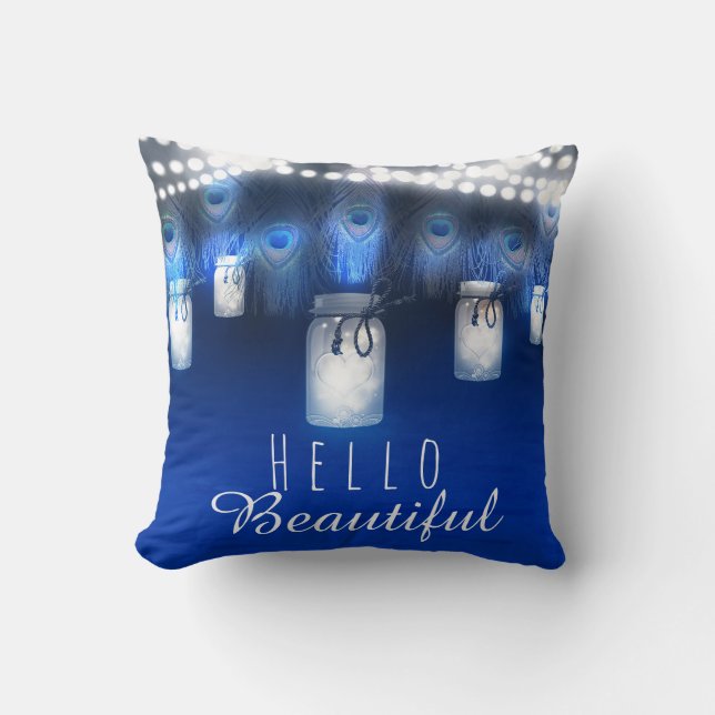 Peacock Feathers, Mason Jar & String Lights Rustic Throw Pillow (Front)
