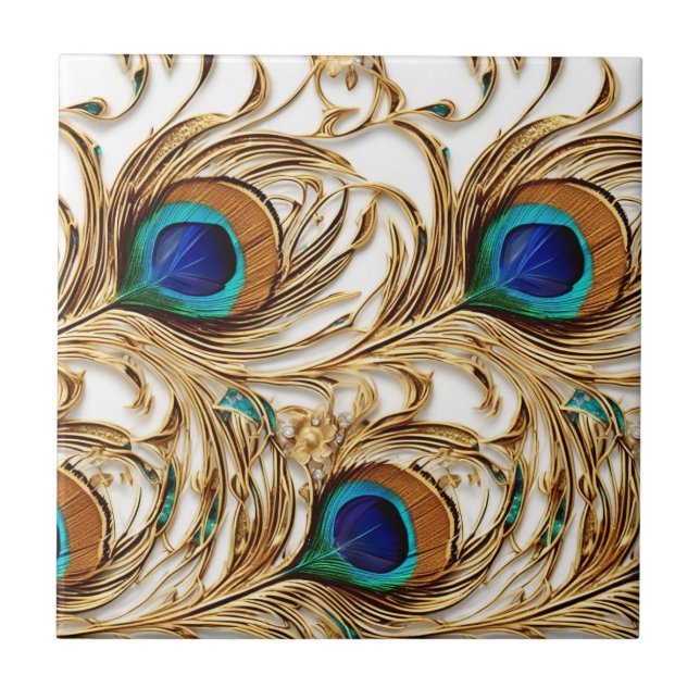 Peacock feathers modern seamless pattern luxury ceramic tile (Front)