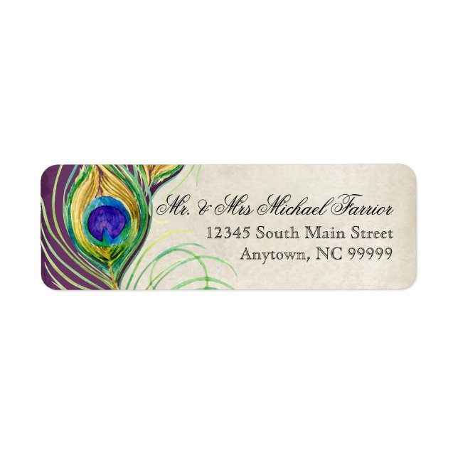 Peacock Feathers Modern Wedding Matching Labels (Front)