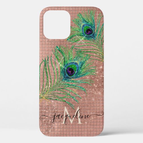 Peacock Feathers Monogram Chic Rose Gold Glitter  iPhone 12 Case