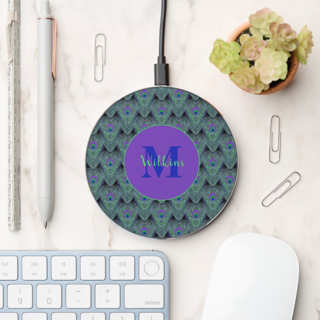 Peacock Feathers Monogram Initial Wireless Charger (Desk)