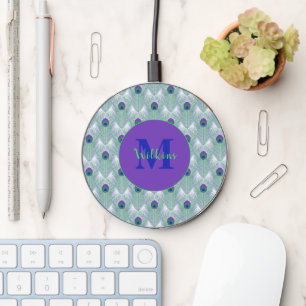 Peacock Feathers Monogram Initial Wireless Charger