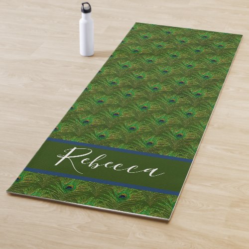 Peacock Feathers Monogram Name Yoga Mats