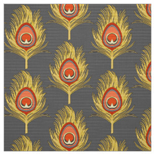 Peacock Feathers, Mustard Yellow on Gray / Grey Fabric